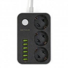 Prelungitor cu protectie Serioux, 3 prize schuko, input 100-240V, 50- 60Hz, output (Total): 2500W - 10A, 6 porturi USB, USB Outp